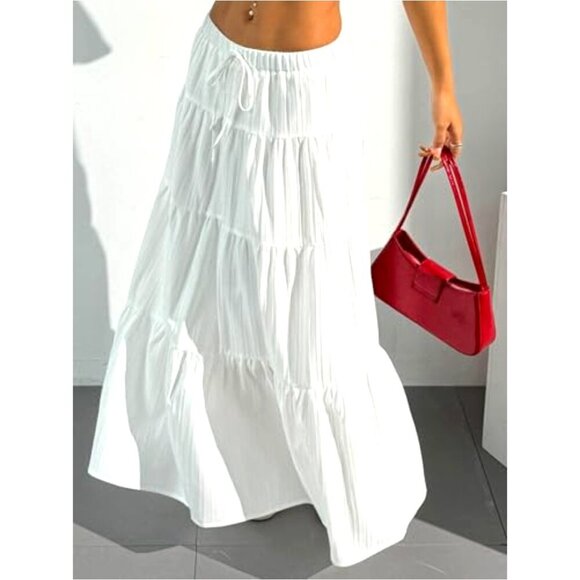 Boho Flowy Maxi Skirt Flared Ruffle Elastic Waist A-Line Chic Summer - Picture 3 of 7